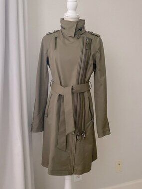 Mackage Belted Trench Coat Olive Green Zipper Details Hidden Hood Structured  SM